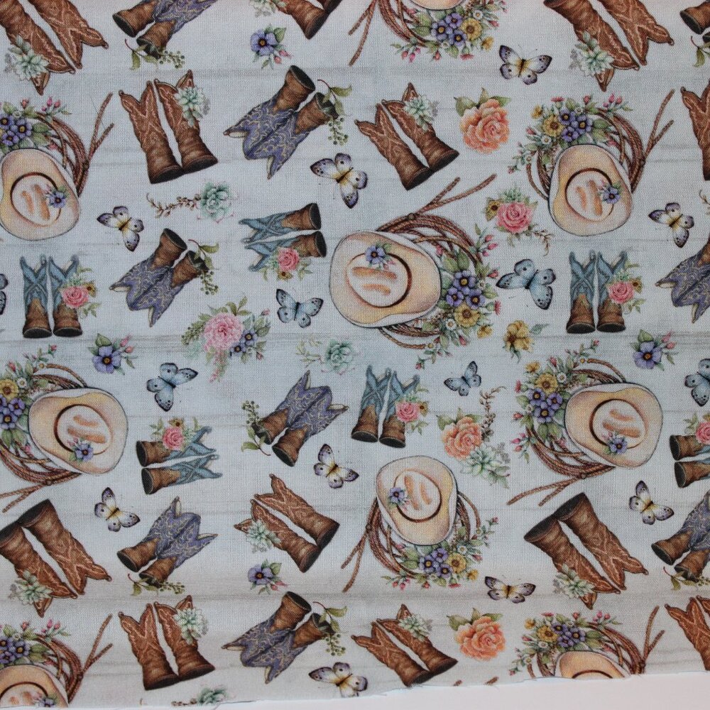 One Yard Cotton Fabric TOSSED BOOTS Cowboy Boots Hats Flowers on Blue - Picture 2 of 4